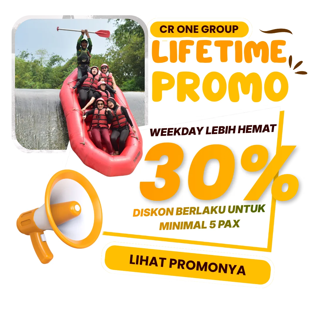 Lifetime Promo CR One Group: weekday diskon 30% minimal 5 pax — lihat layanan rafting Cisadane Bogor