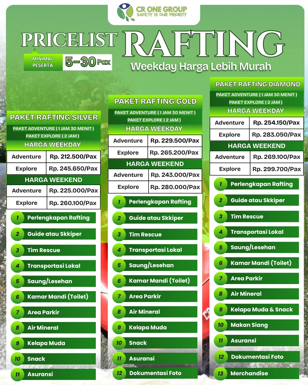 Pricelist Minimal 5 – 30 Pax Rafting Sungai Cisadane