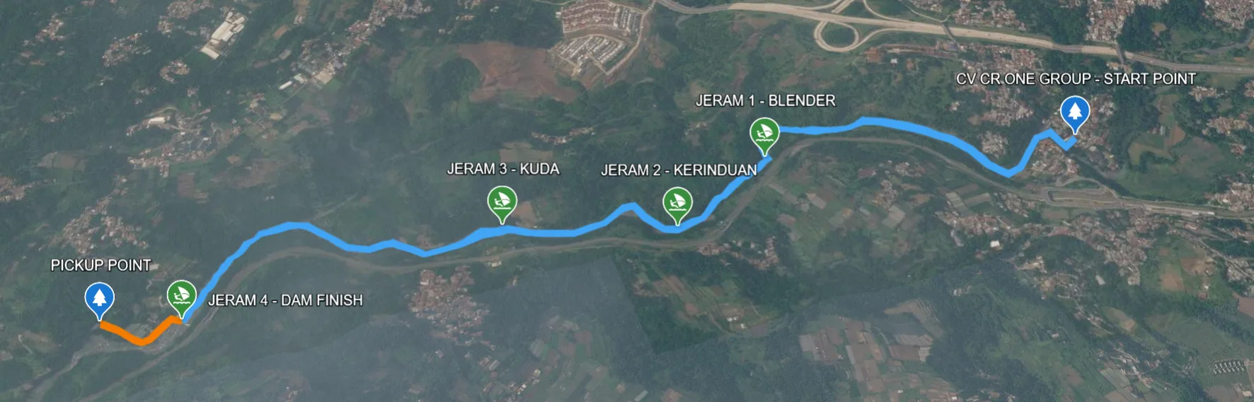 Peta trek rafting Sungai Cisadane Bogor: start point CR One Group, Jeram Blender, Jeram Kerinduan, Jeram Kuda, DAM finish hingga pickup point